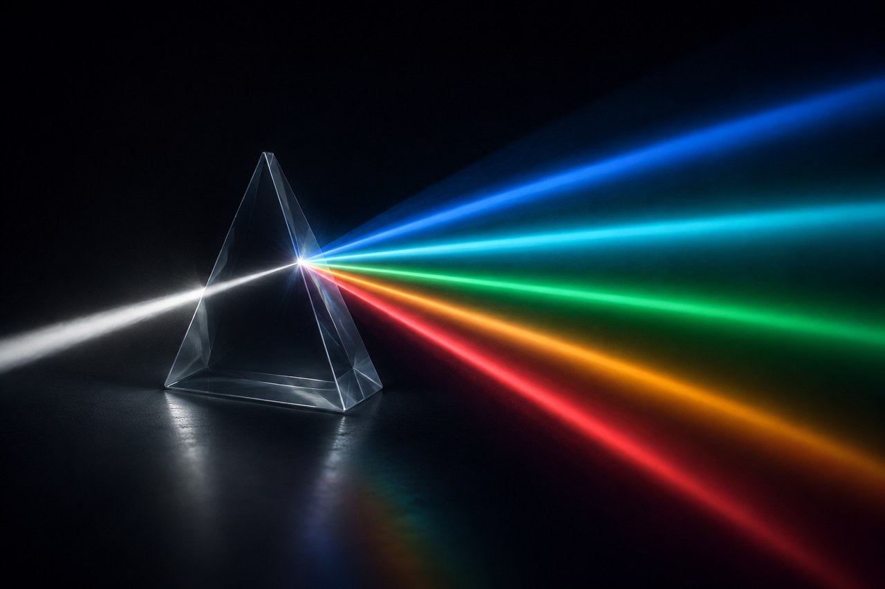 A prism splitting one white beam into five colors — one paper becoming five forms